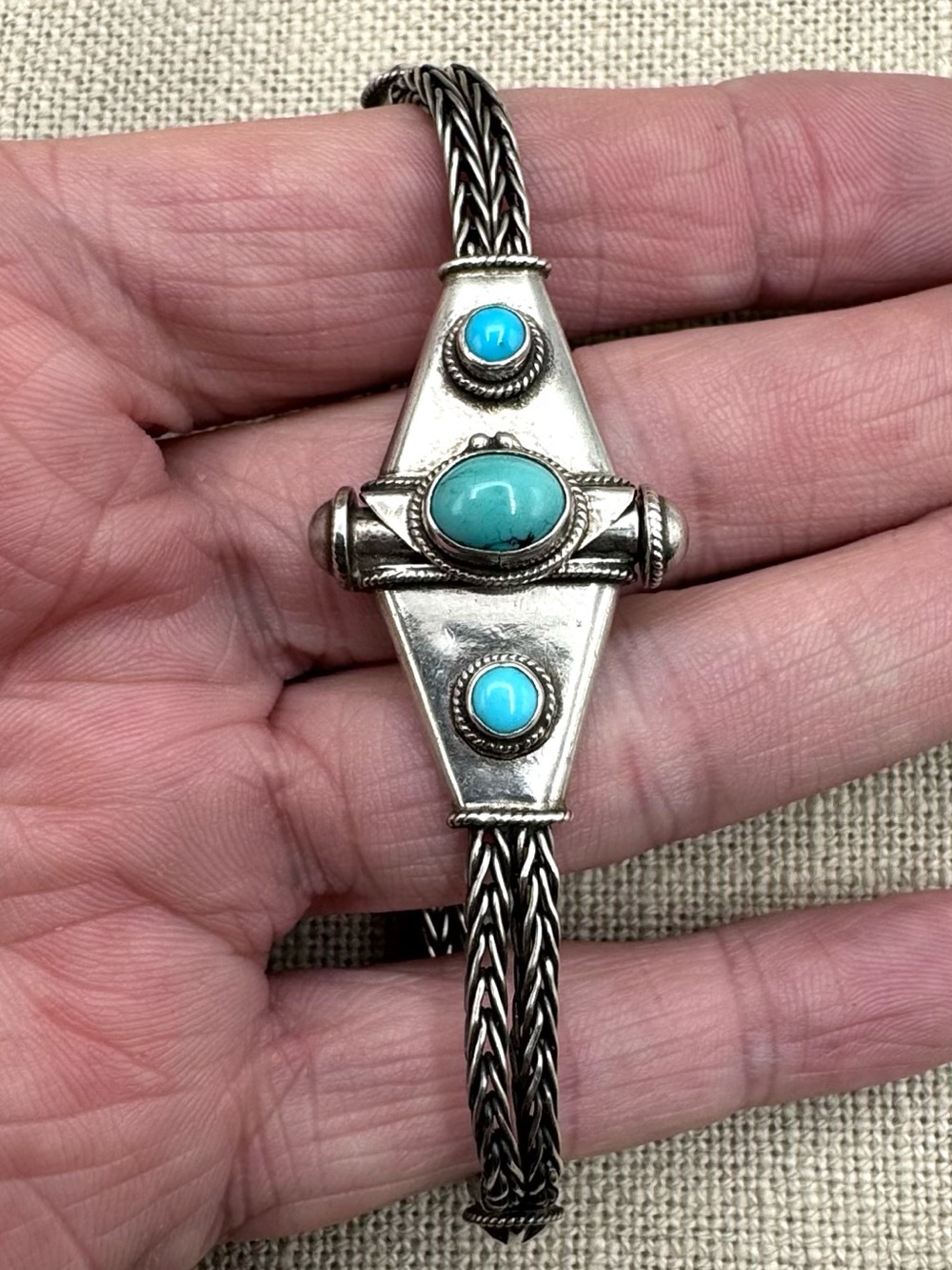 Bali Style Sterling Silver Natural Blue Turquoise Link Chain Bracelet 7"